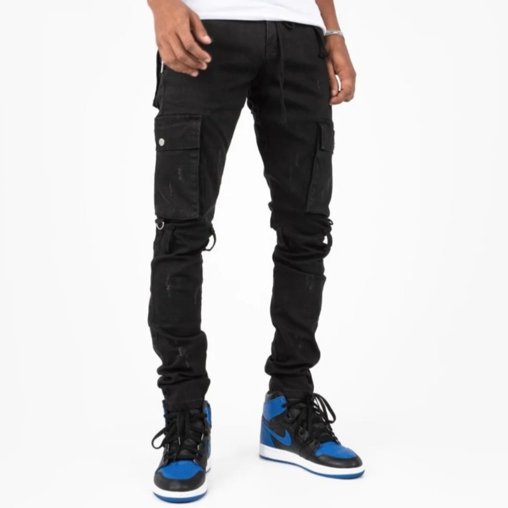 THRT BLEAK Men's Black Distressed Skinny Fit Cargo Pants with Zippers Size 28
